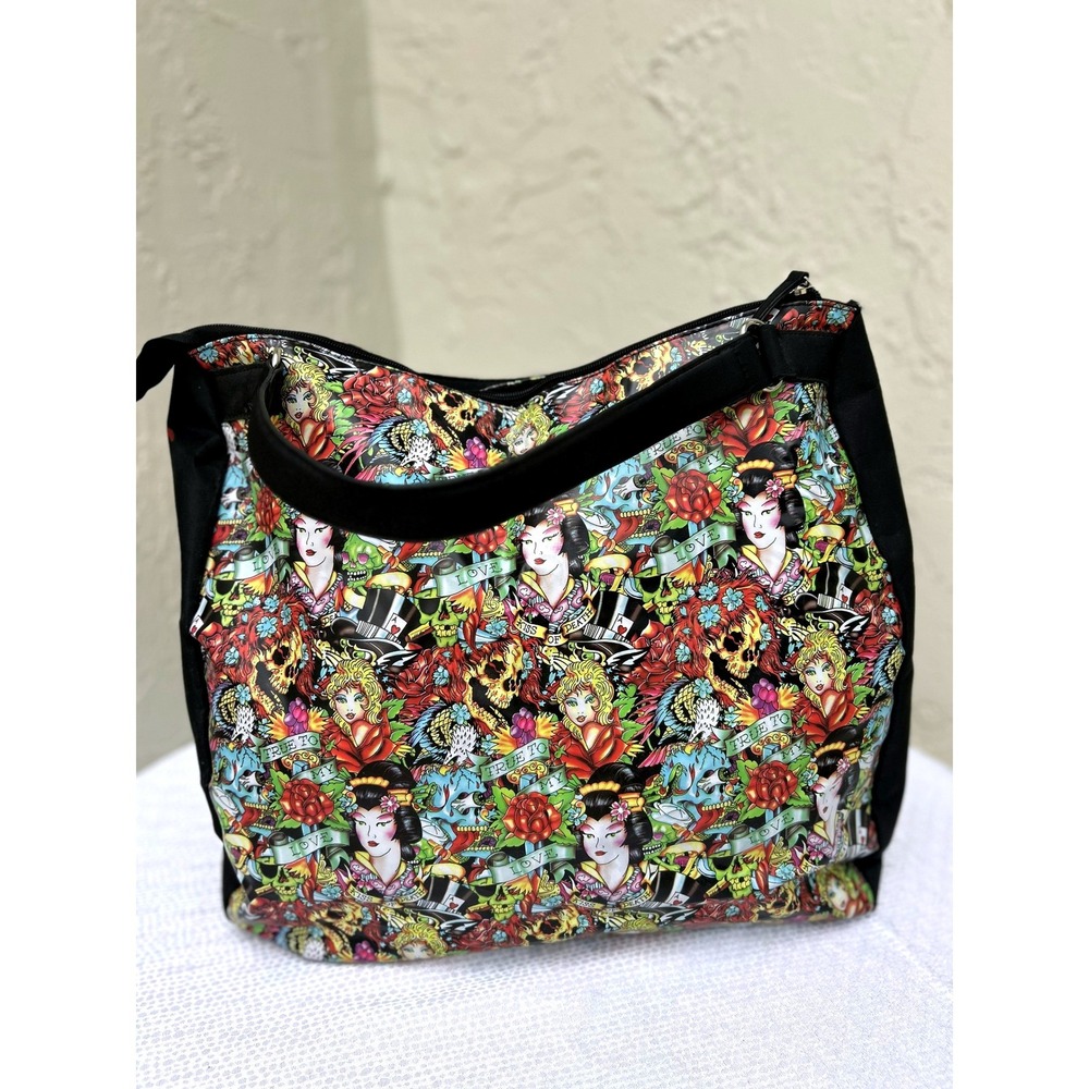 Ed Hardy Christian Audigier Tattoo Print Canvas Tote Bag Geisha Skull Black
